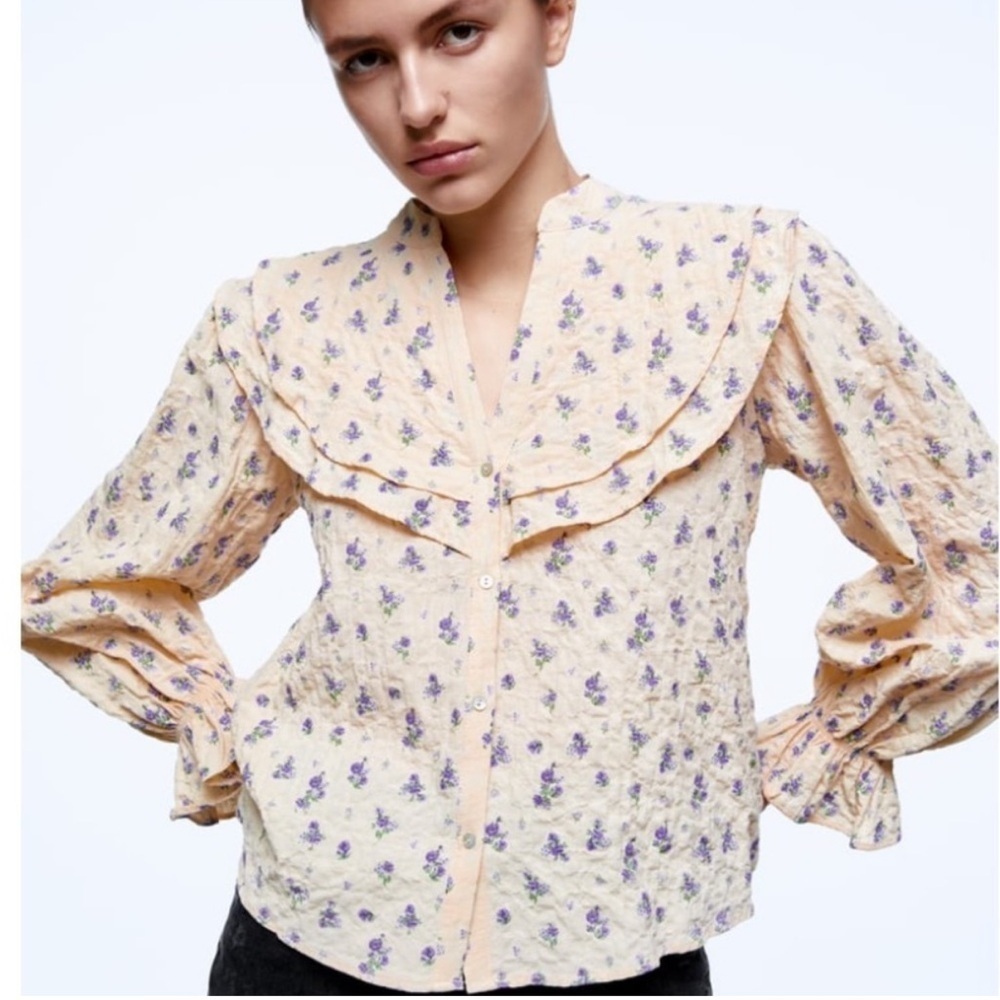 Zara Cream Ruffled Bib Collar Cotton Blouse
